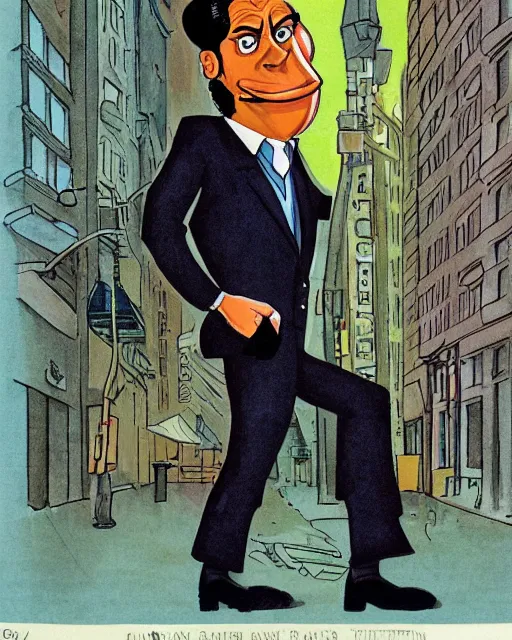 Prompt: smug male antagonist in suit, uptown city street, artwork by ralph bakshi