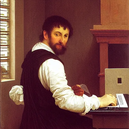 Prompt: an oil painting of an man playing a laptop, 1576 , by Bouguereau, highly detailed and intricate,