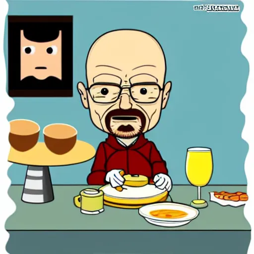 Image similar to baby Walter White doing breakfast, cartoon style,