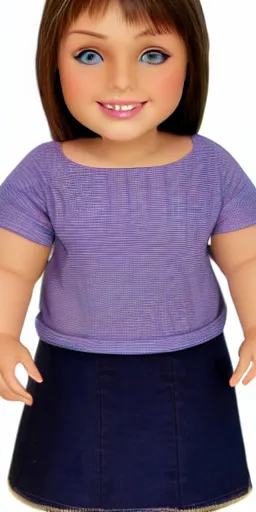 Prompt: a cute, pretty, plump, overweight, 1 3 - year - old american girl with short hair wearing a blue top and a tan skirt smiling. 4 k. realistic. detailed.