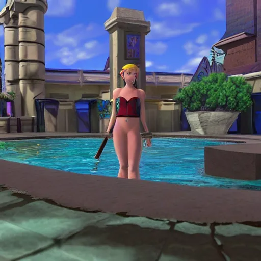 Image similar to zelda in the future city taking a bath in the swimming pool of a hotel