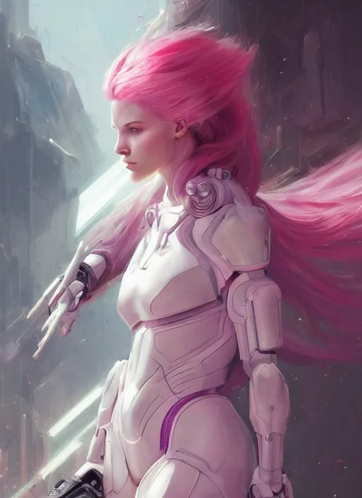 Prompt: painting, pale woman, sci - fi armor, pink flowing hair, beautiful, stoic face, gorgeous, face visible, scar, halo, cinematic lighting, eva suit, wallpaper, extremely detailed, sharp focus, by greg rutkowski and [ [ [ wlop ] ] ], intricate, beautiful, award winning, trending on artstation, pixiv