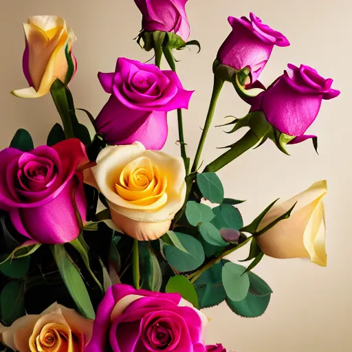 Image similar to studio photo of a bouquet of different shades of pink roses and lilies. window sun reflected in a light yellow background. amazing photography and lighting, bokeh,