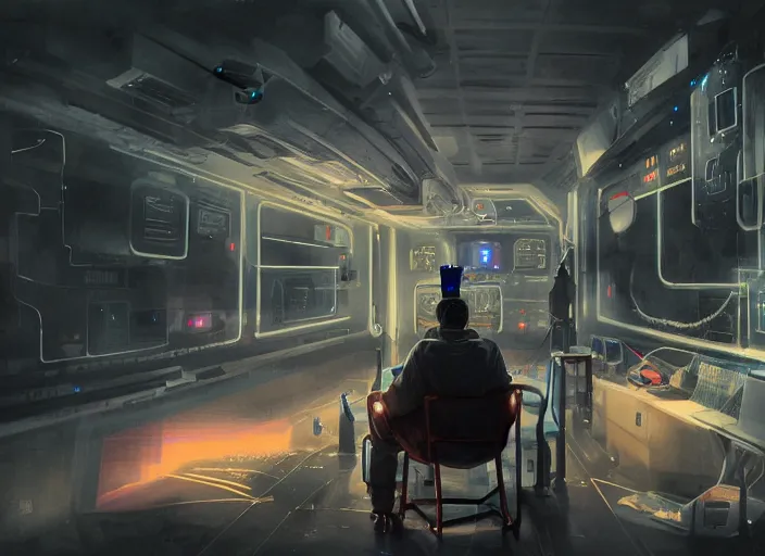 Image similar to a man sitting on a chair with things attached to his head, screens and monitors in front of him playing videos, ship interior, narrow hallway, scifi, dramatic lighting, dark, spotlight, concept art, surreal, by rutkowski, fuji choko