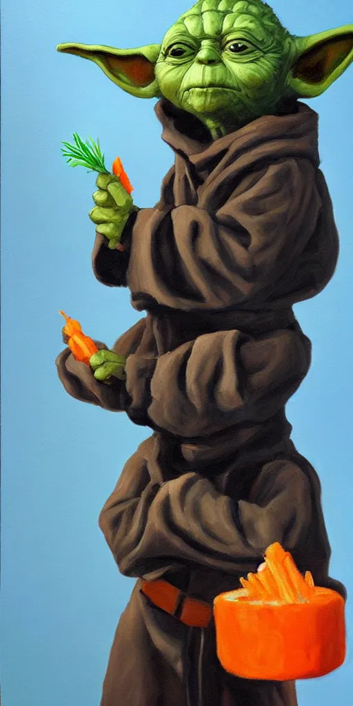 Prompt: old oil painting of a yoda eating carrot while standing on a darth vader helmet, trending on artstation