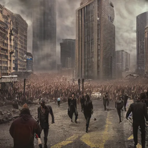 Image similar to hordes of drone-like people aimlessly walking around a depressing dystopian cityscape , trending on artststion, hyper realistic, surreal, melancholic, 8k, upscaled