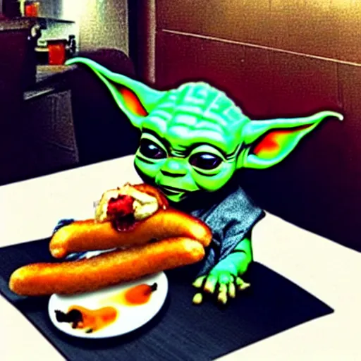 Prompt: hyper realistic baby Yoda eating hot-dog,detalied,