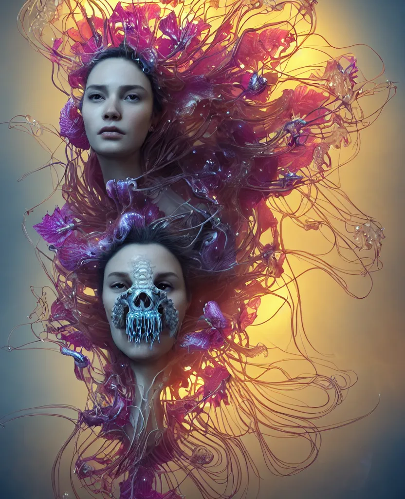 Image similar to close-up portrait of the face of a beautiful princess in a twisted flowers orchid jellyfish mask surrounded by energy flow, epic angle and pose, symmetrical artwork, 3d with depth of field, blurred background, floating jellyfish skull phoenix bird, translucent, nautilus, energy flows of water and fire. a highly detailed epic cinematic concept art CG render. made in Maya, Blender and Photoshop, octane render, excellent composition, cinematic dystopian brutalist atmosphere, dynamic dramatic cinematic lighting, aesthetic, very inspirational, arthouse. y Greg Rutkowski, Ilya Kuvshinov, WLOP, Stanley Artgerm Lau, Ruan Jia and Fenghua Zhong