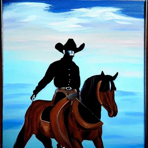 Image similar to a painting of a cowboy riding a horse into the dark horizon, high contrast, black and blue color scheme, dark, creepy, night