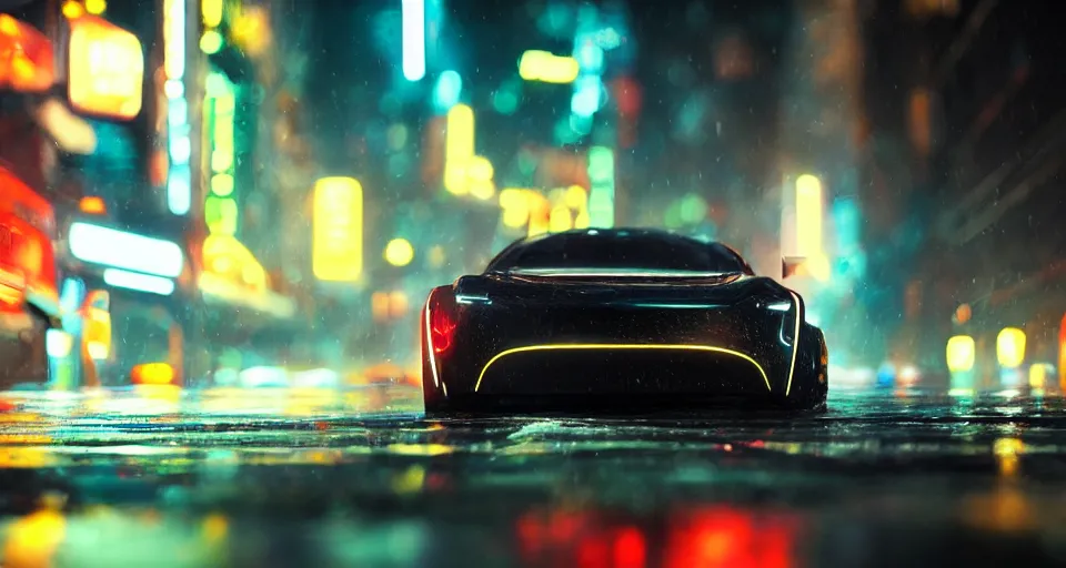 Image similar to close up macro shot of a tron tesla car on wet city street at night, intricate, hyper detailed, smooth, high contrast, neon, volumetric lighting, octane, moebius, greg rutkowski, blade runner, ripley scott, cindmatic