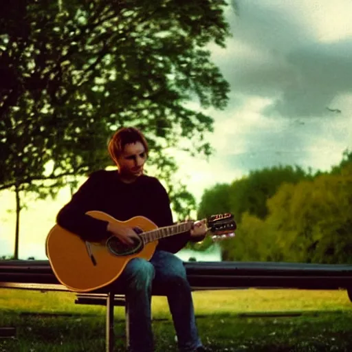 Image similar to 1 9 9 0 s candid 3 5 mm photo of a man sitting on a bench in a park playing guitar, cinematic lighting, cinematic look, golden hour, the clouds are epic and colorful with cinematic rays of light, photographed by petra collins, uhd