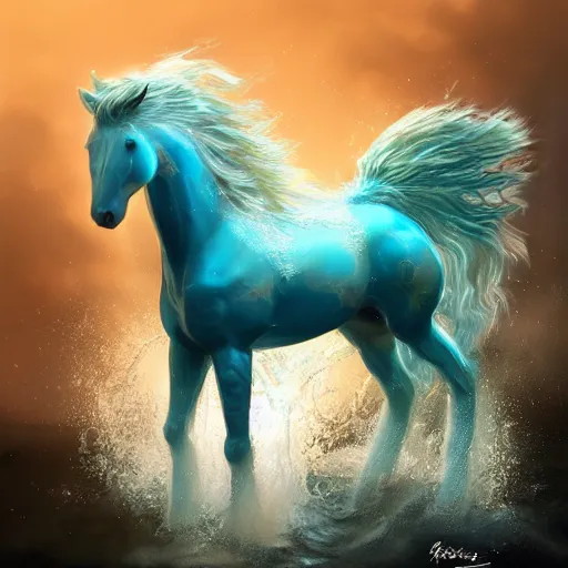 Image similar to a fantastical transparent small turquoise spirit horse made of water and foam and algae, splashing water, wave, translucent, ethereal, noble, radiant, hyperalism, scottish folklore, digital painting, artstation, concept art, smooth, 8 k frostbite 3 engine, ultra detailed, art by artgerm and greg rutkowski and magali villeneuve