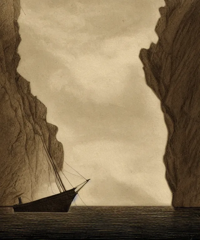 Image similar to photorealistic sepia painting of a 1 9 2 5 bay boat sailing near a jamaican cliff with the mouth of a sea cave at the waterline, dark, brooding, atmospheric, lovecraft, horror