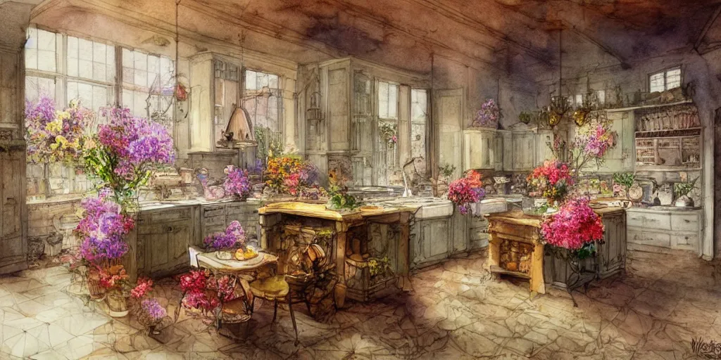Prompt: a hiper intricate watercolor of a beatiful kitchen with flowers, extremely detailed, sharp focus, wide view, smooth, digital illustration, colorfull, by william turner art, by greg rutowski
