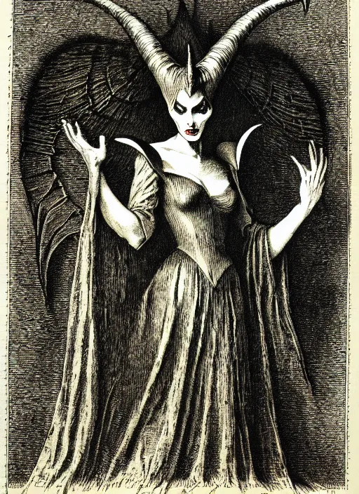 Prompt: maleficent as a demon from the dictionarre infernal, etching by louis le breton, 1 8 6 9, 1 2 0 0 dpi scan, ultrasharp detail, clean scan