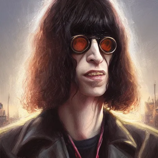 Image similar to a portrait of joey ramone as a wizard, upper half portrait, urban motifs, intricate, elegant, highly detailed, digital painting, trending on artstation, concept art, smooth sharp focus, illustration, art by artgerm and greg rutkowski