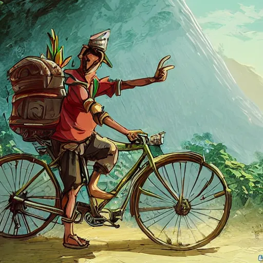 Image similar to a bicycle food delivery worker with a green bag on his back in Portugal, hearthstone art style, epic fantasy style art by kim jung gi, fantasy epic digital art