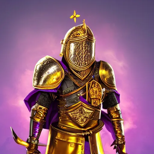 Image similar to a highly detailed knight with glowing purple eyes in a golden helmet and a golden crown with a diamond in the center, golden armor, leather clothes under the armor, leather gloves, holds a black sword, artstation, DeviantArt, professional, octane render, sunset lighting