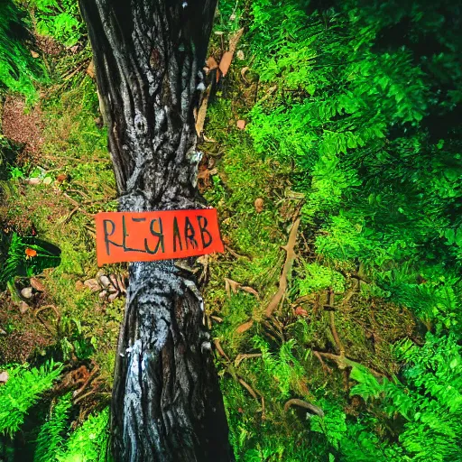 Image similar to ultra wide fisheye photo if a hiker accidentally carving their name into the bark at the base of a gigantic tree ent's leg, which looks down at him from high above angrily, trending on artstation hyperreal