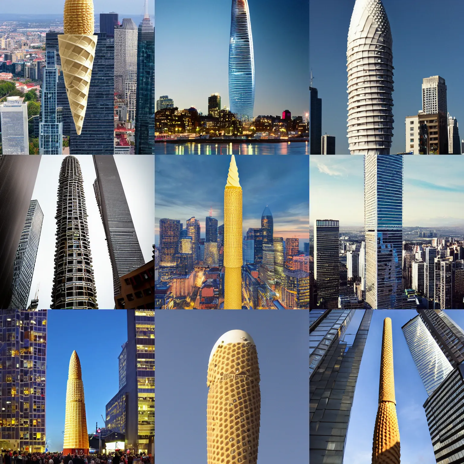 Prompt: A skyscraper in the shape of a big ice cream cone with cherry on top award winning photo