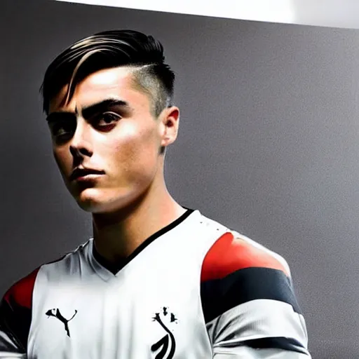 Image similar to a realistic detailed photo of a guy who is an attractive humanoid who is half robot and half humanoid, who is a male android, soccer player paulo dybala, shiny skin, posing like a statue, blank stare, in a living room, on display, showing off his muscles