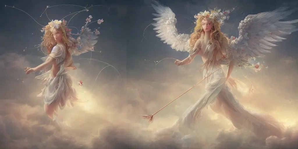 Image similar to An angel with white wings shooting luminous arrows with a bow on a country landscape covered with flowers, the arrows create flowers when they hit the country floor, inspired by Amandine Van Ray, Christophe Vacher, trending on artstation, heavenly colors, volumetric lighting