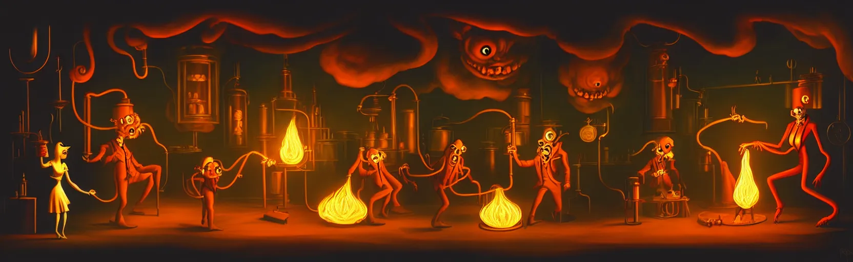 Image similar to uncanny alchemist monsters in a fiery alchemical lab, dramatic lighting, surreal 1 9 3 0 s fleischer cartoon characters, surreal painting by ronny khalil