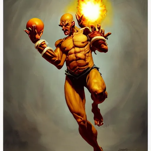 Image similar to greg manchess portrait painting of dhalsim from street fighter shaping a fireball as overwatch character, medium shot, asymmetrical, profile picture, organic painting, sunny day, matte painting, bold shapes, hard edges, street art, trending on artstation, by huang guangjian and gil elvgren and gerald brom