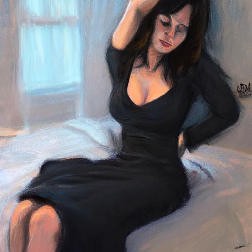 Image similar to a dark haired woman wearing a black dress, on a bed. by fabian perez