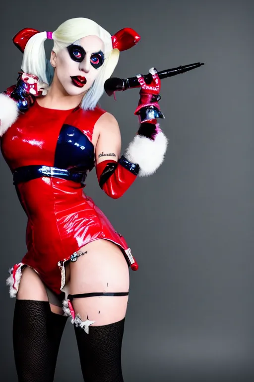 Image similar to lady gaga in harley quinn costume attacked by stuffed toy, luxury materials, symmetrical, cinematic, elegant, professional studio light, real dlsr photography, sharp focus, 4 k, ultra hd, sense of awe, high fashion