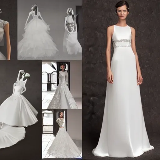 Image similar to a papier collé of wedding dresses and tuxedos