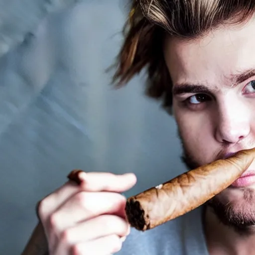 Prompt: a closeup photo of handsome gigachad elrubius smoking a cigar