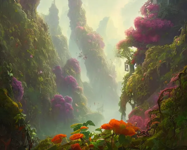 Image similar to An overgrown tall cliff full of vines, big colorful flowers, lush, magical atmosphere, by Peter Mohrbacher, digital art, trending on Artstation