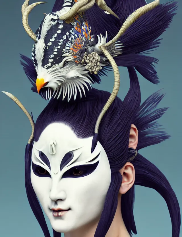 Image similar to 3 d goddess close - up profile simple portrait punk with mohawk with goat skull. beautiful intricately detailed japanese crow kitsune mask and clasical japanese kimono. betta fish, jellyfish phoenix, bio luminescent, plasma, ice, water, wind, creature, artwork by tooth wu and wlop and beeple and greg rutkowski