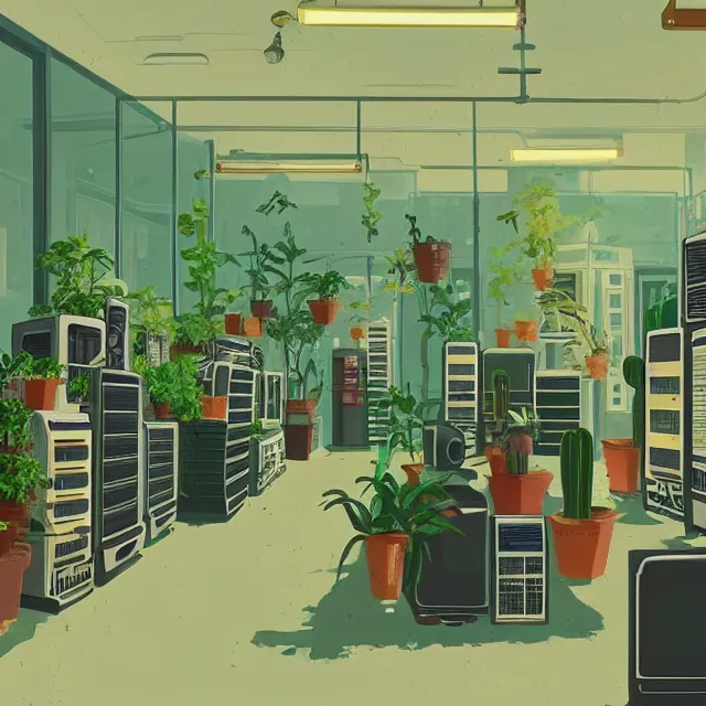 Image similar to an interior room with old pc computers stacked on the walls with potted plants and cacti, makoto shinkai