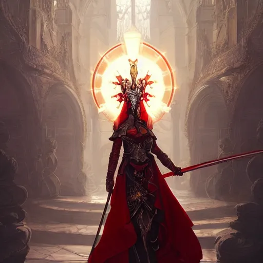 Image similar to a beautiful woman in a crimson cloak holding a glowing white spear and an obsidian shield, silver intricate armor, spotlight, ornate, realistic, cinematic lighting, sunbeams, volumetric lighting, epic pose, victorian, opulent, fantasy concept art, mohrbacher, beeple