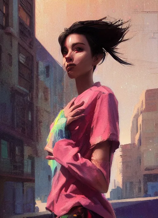 Image similar to digital art of a beautiful girl wearing a shirt standing in front of a ruined apartment complex, desert composition, sunlit, expressive oil painting, by artgerm, by jeremy lipking, anime style, octane render, bright colors, face!!!! close - up