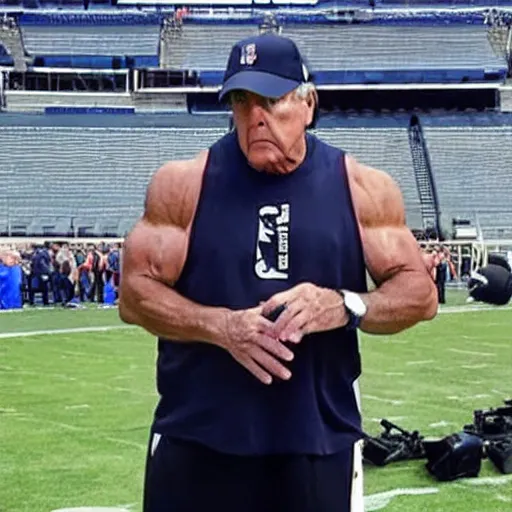 Prompt: Coach Belichick with a ripped physique answering questions from the media about steroid use