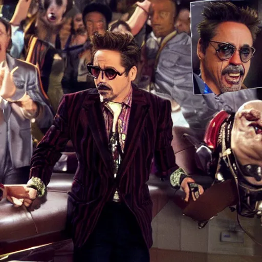 Image similar to robert downey jr. starring in weekend at bernie's 3, robert downey jr with rotten flesh, bernie's rotting corpse in a vegas casino.