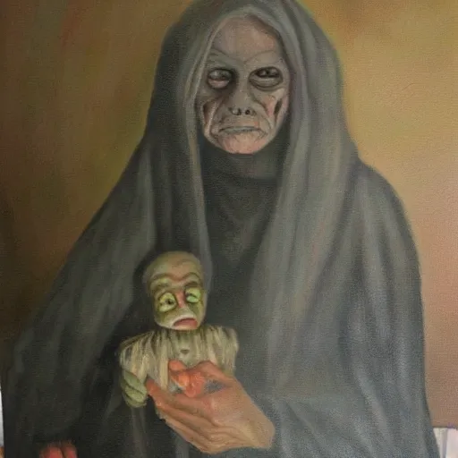 Image similar to creepy old cursed witch watching you sleep, eerie, haunted, oil painting