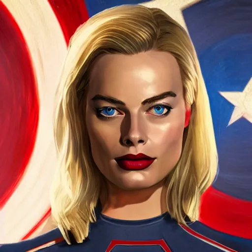 Prompt: Margot robbie as captain america, highly detailed, 4k HD, hyperdetailed