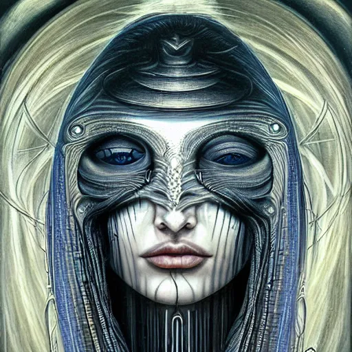 Prompt: biomechanical moon goddess, flowing hair, intense stare, sweet smile, symmetrical portrait, realistic oil painting by h. r giger