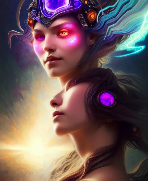 Image similar to a whirlwind of souls rushing inside the metaverse, half body, glowin eyes, tiara with sapphire, insect, android, cyberpunk, d & d, fantasy, intricate, elegant, highly detailed, colorful, vivid color, digital painting, artstation, concept art, art by artgerm and greg rutkowski and alphonse mucha and ruan jia