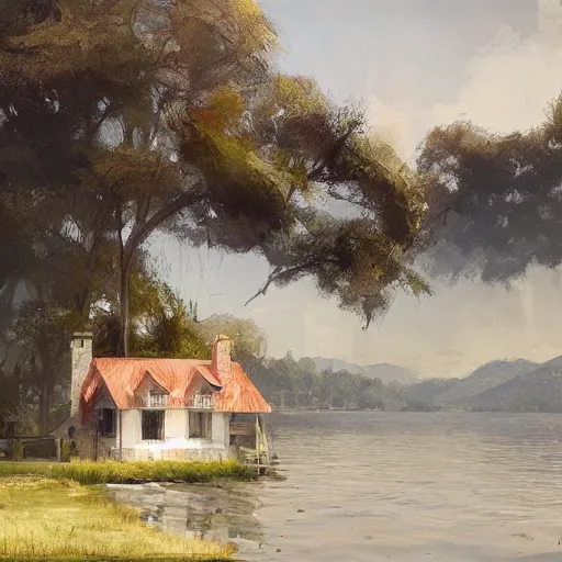 Prompt: a house by the lake painted by greg rutkowski