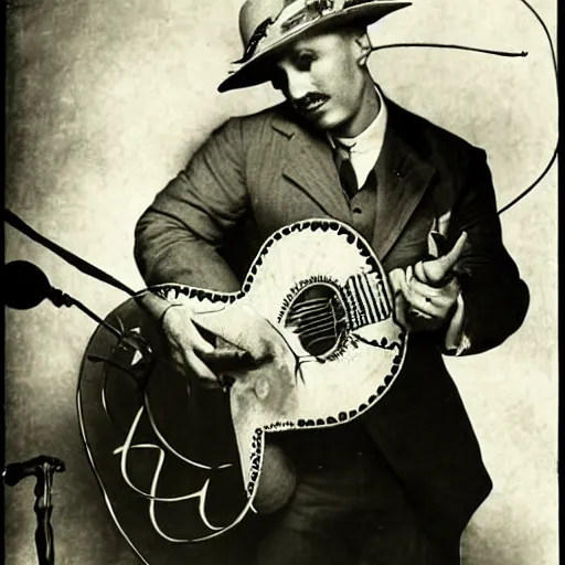 Image similar to octopus in a suit playing delta blues, 1 9 2 0 s, photograph