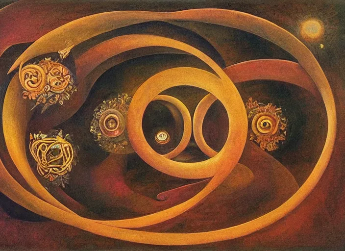 Image similar to the ouroboros of infinite flower universes, by remedios varo, dichromatism, paradox, volumetric light, insanely detailed and intricate, hypermaximalist, warm colors, dramatic lighting, smooth, sharp focus, extremely detailed, aesthetically pleasing composition