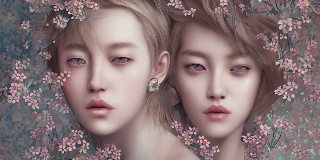 Prompt: breathtaking detailed concept art painting pattern of blonde short hair faces weird girls with anxious piercing eyes and blend of flowers, by hsiao - ron cheng, bizarre compositions, exquisite detail, extremely moody lighting, 8 k