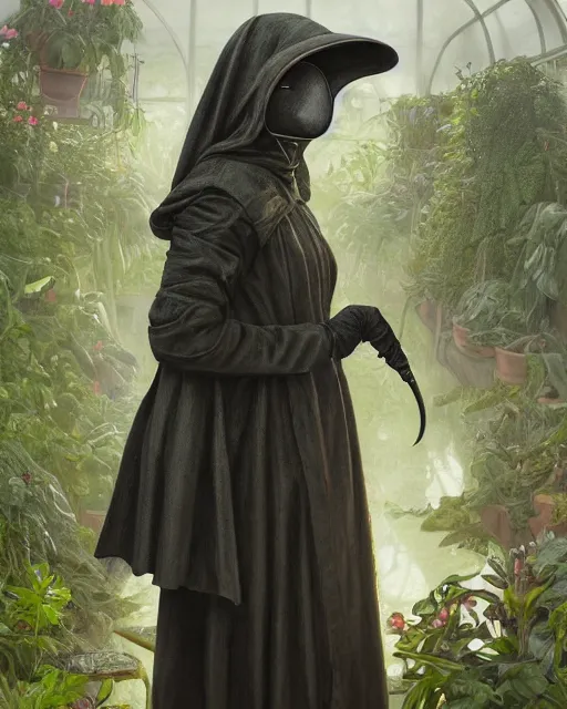 Image similar to portrait of a female plague doctor in a botanical greenhouse, heavy rain outside, wind, thunder, reflections, deep focus, d & d, fantasy, intricate, elegant, highly detailed, digital painting, artstation, concept art, matte, sharp focus, illustration, hearthstone, art by artgerm and greg rutkowski and alphonse mucha