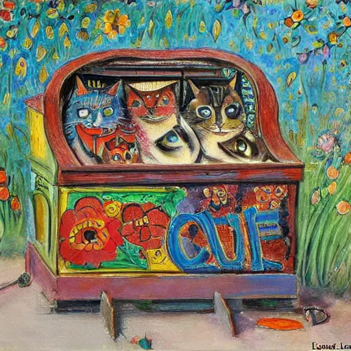 Prompt: painting of a dumpster by louis wain