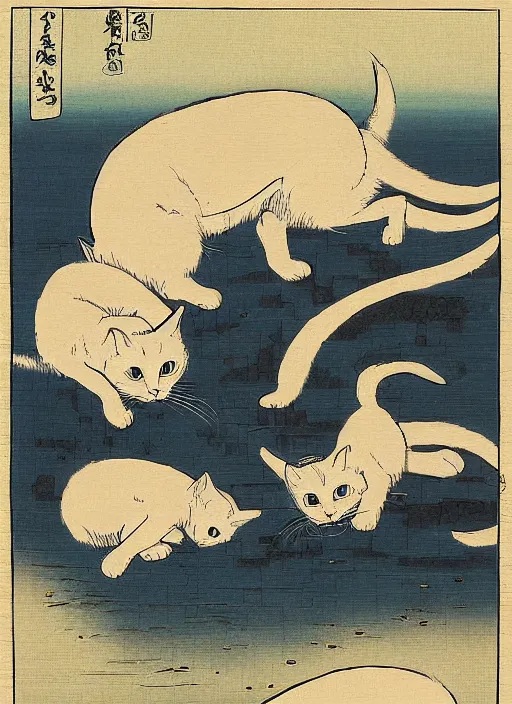 Image similar to whitecat with 2 baby white cats of utagawa hiroshige, digital painting 4 k uhd image, highly detailed